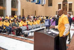 Michael Weekes (Providers Council) talks to crowd