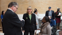 Senate President Karen Spilka talking to Steve Higgins (IA) and Jennifer Lee (STAVROS and MASILC)