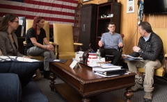 Mikeala, Kyla and Lou talking to Sen. Fattman's staff