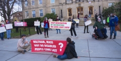 Protestors in front of Waltham City Hall