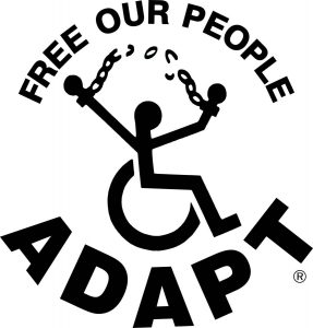 adapt logo - free our people. person in wheelchair breaking chains